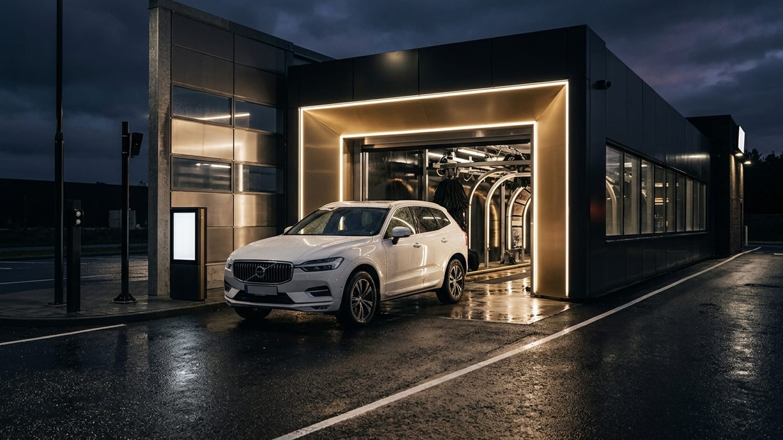 An express car wash tunnel entrance illuminated at dusk with a clean white SUV emerging onto a wet forecourt